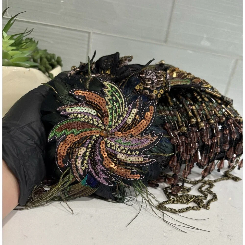 Chico's Vintage Beaded Peacock Feather Clutch Bag Sequin Fringe Y2KGlam BohoChic
